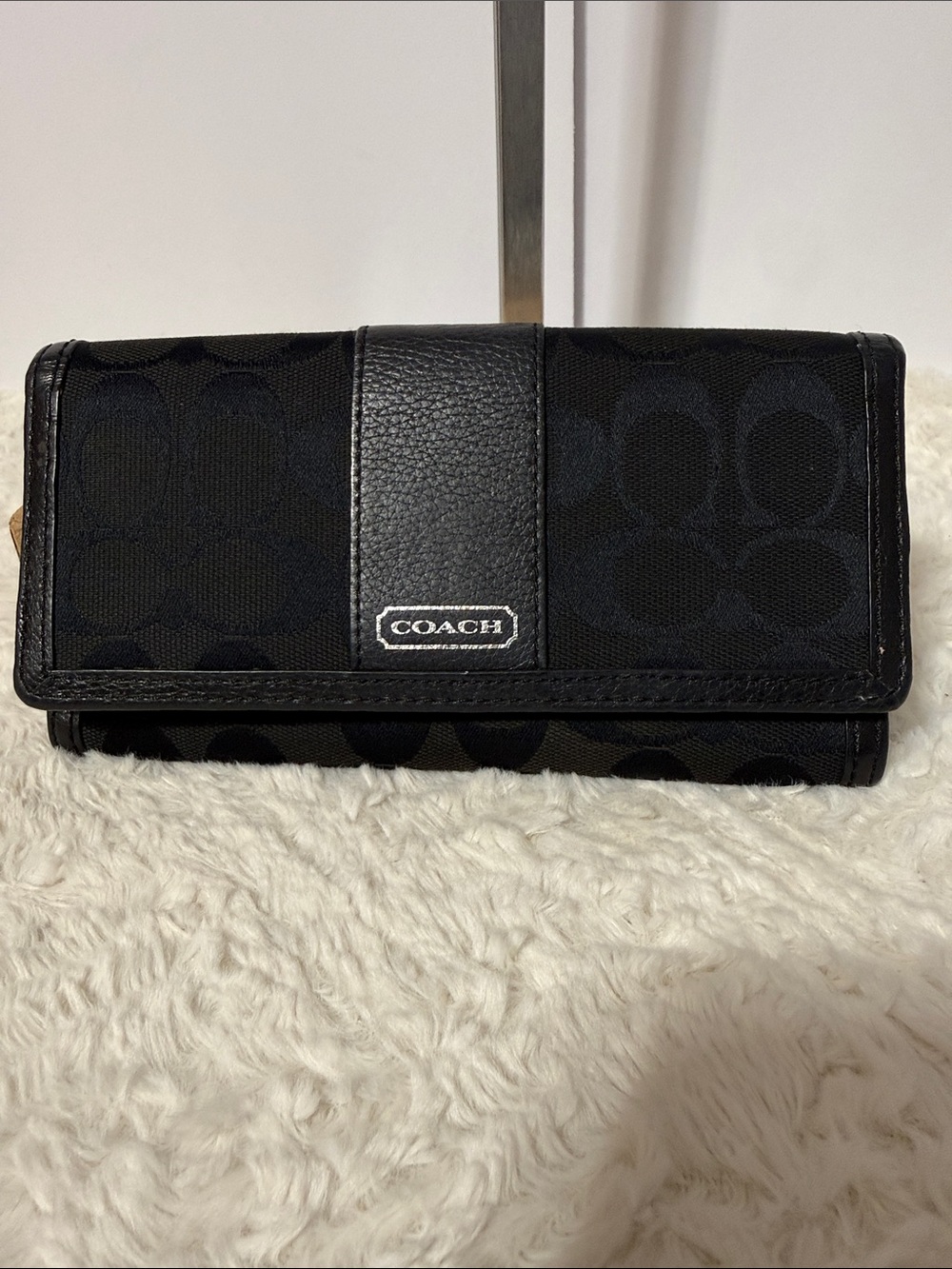 COACH Black Signature Continental Wallet with Logo Plaque